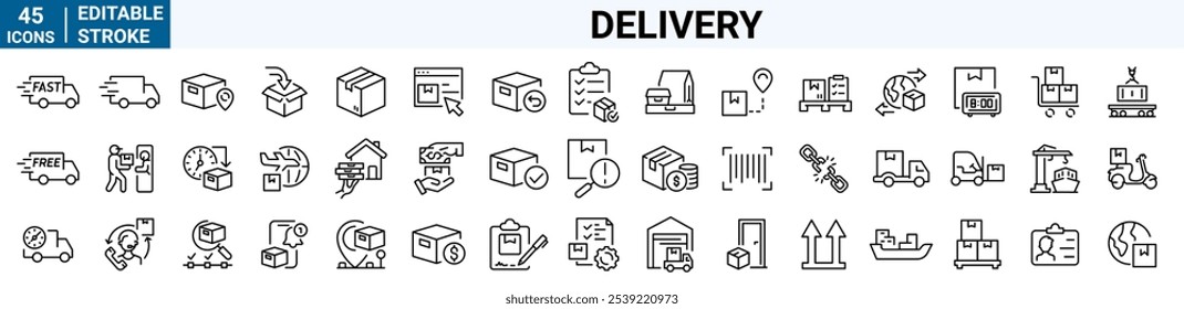 set of 45 line web icons related delivery and logistics. Supply chain, value chain, manufacturing, commerce . Editable stroke.