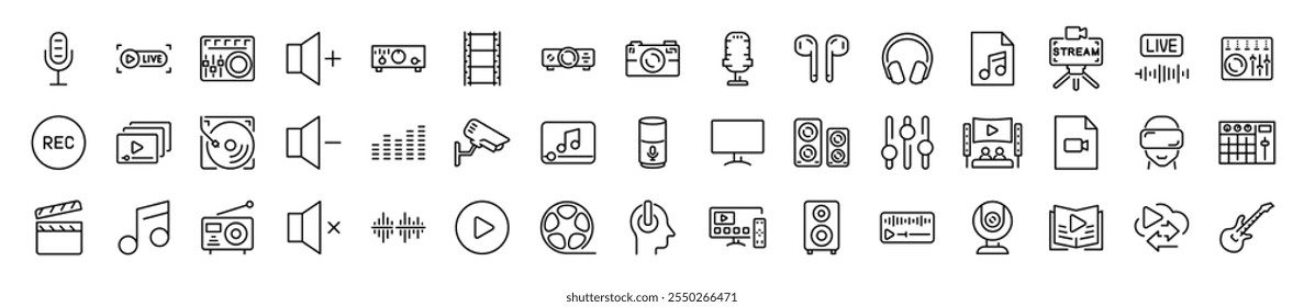 conjunto de 45 ícones de linha da web áudio e vídeo. Reprodutor de vídeo multimídia. Coleção de Mídia de Ícones de Estrutura de Tópicos. Ilustração vetorial.