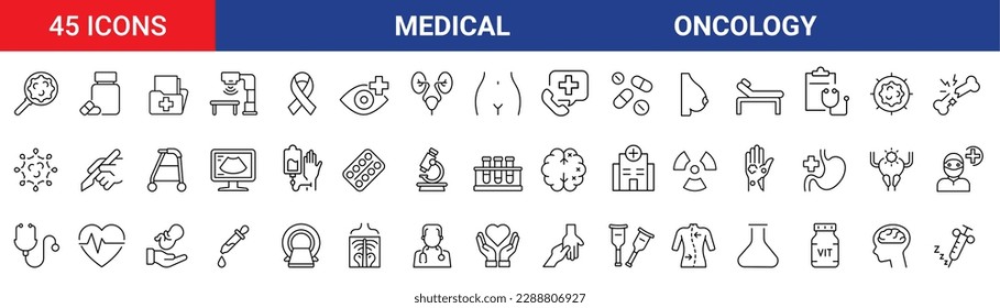 Conjunto de 45 iconos oncológicos. Ilustración vectorial. signos y símbolos de diseño plano de medicina y salud con elementos para conceptos móviles y aplicaciones web.
