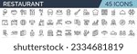 Set of 45 outline icons related to restaurant, cafe, bistro. Linear icon collection. Editable stroke. Vector illustration