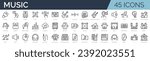 Set of 45 outline icons related to music. Linear icon collection. Editable stroke. Vector illustration