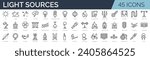 Set of 45 outline icons related to light sources. Linear icon collection. Editable stroke. Vector illustration