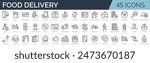 Set of 45 outline icons related to food delivery. Linear icon collection. Editable stroke. Vector illustration