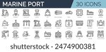 Set of 45 outline icons related to marine port. Linear icon collection. Editable stroke. Vector illustration