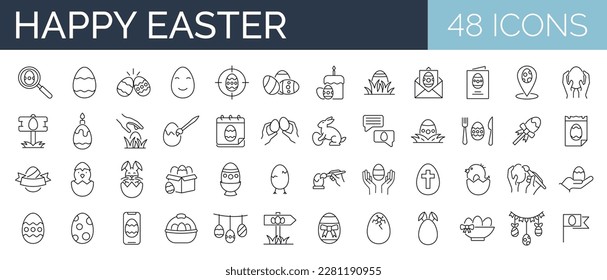 Set of 45 outline icons related to Easter Eggs, egg hunt, paint, decoration. Vector  illustration. Editable stroke