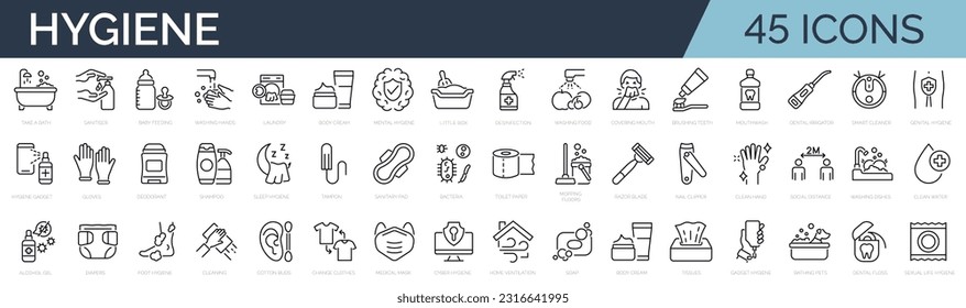 Set of 45 outline icons related to hygiene. Linear icon collection. Vector illustration. Editable stroke