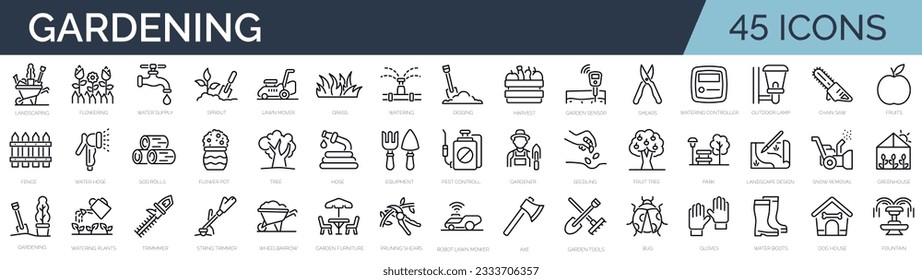 Set of 45 outline icons related to gardening, landscaping, farming. Linear icon collection. Editable stroke. Vector illustration