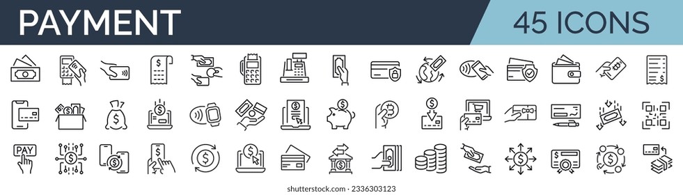 Set of 45 outline icons related to payment. Linear icon collection. Editable stroke. Vector illustration