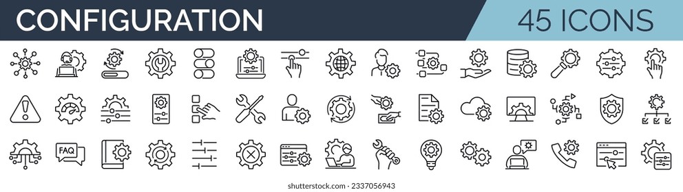 Satz von 45 Rahmensymbols, die sich auf Konfiguration, Einstellungen beziehen. Lineare Symbolsammlung. Bearbeitbarer Strich. Vektorgrafik