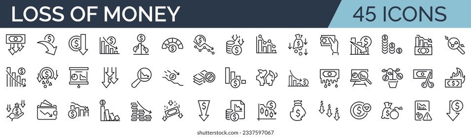 Set of 45 outline icons related to lose money, bankruptcy. Linear icon collection. Editable stroke. Vector illustration
