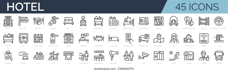 Set of 45 outline icons related to hotel, motel, hostel. Linear icon collection. Editable stroke. Vector illustration