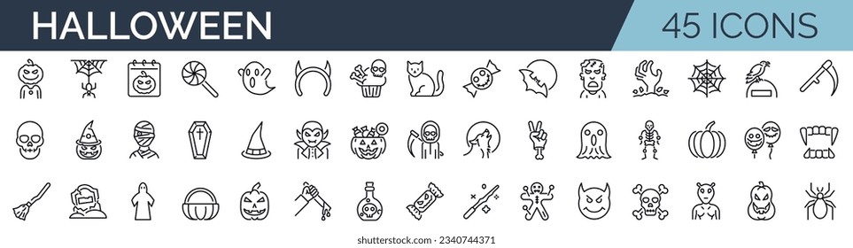 Set of 45 outline icons related to halloween. Linear icon collection. Editable stroke. Vector illustration