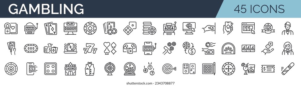 Set of 45 outline icons related to gambling, casino. Linear icon collection. Editable stroke. Vector illustration