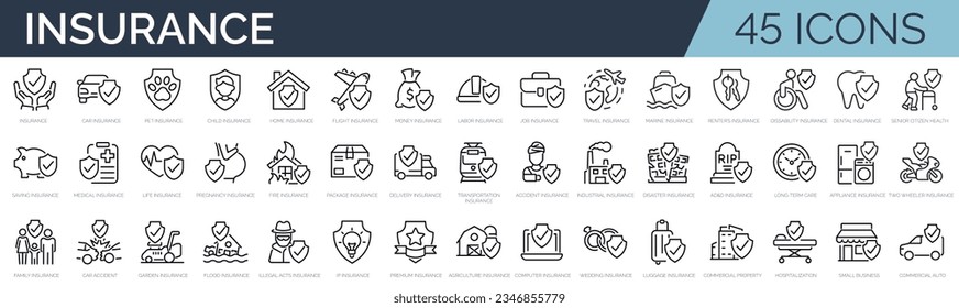 Set of 45 outline icons related to insurance. Linear icon collection. Editable stroke. Vector illustration