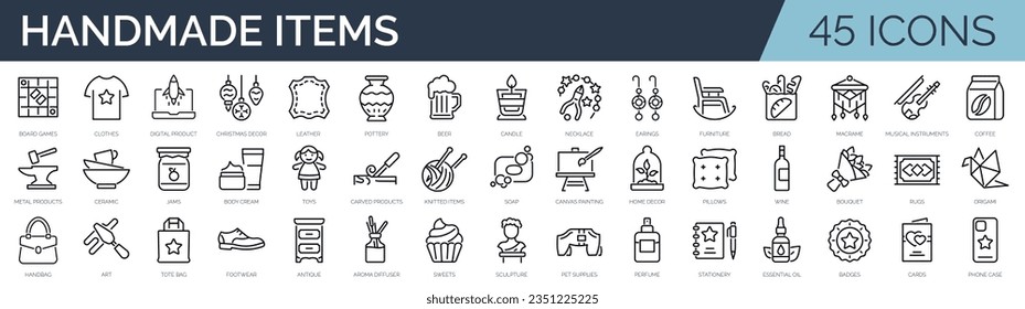 Set of 45 outline icons related to diy, handmade, handcrafted items. Linear icon collection. Editable stroke. Vector illustration