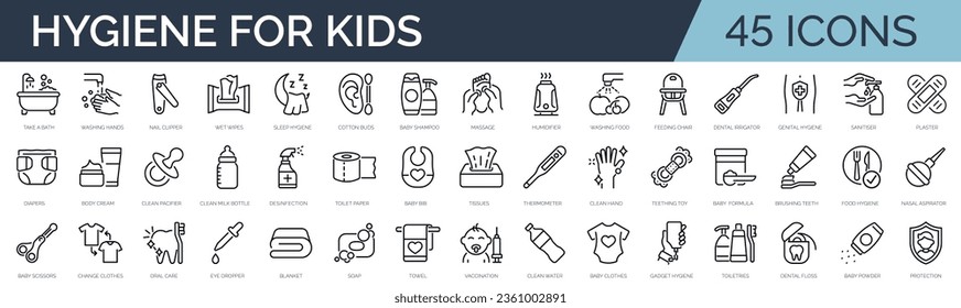 Set of 45 outline icons related to kid's hygiene, infant care. Linear icon collection. Editable stroke. Vector illustration