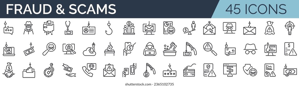 Conjunto de 45 iconos de contorno relacionados con fraude, estafas y phishing. Colección de iconos lineales. Trazo editable. Ilustración del vector