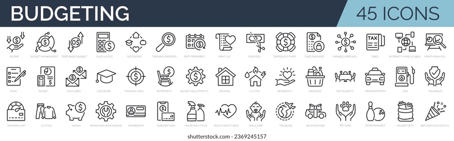 Set of 45 outline icons related to budgeting. Linear icon collection. Editable stroke. Vector illustration