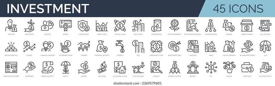 Satz von 45 Rahmensymbols, die sich auf Investitionen beziehen. Lineare Symbolsammlung. Bearbeitbarer Strich. Vektorgrafik