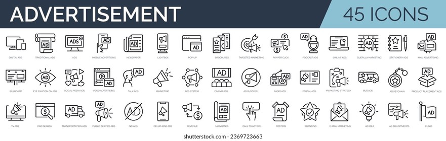 Set of 45 outline icons related to advertisiment, marketing, ads. Linear icon collection. Editable stroke. Vector illustration