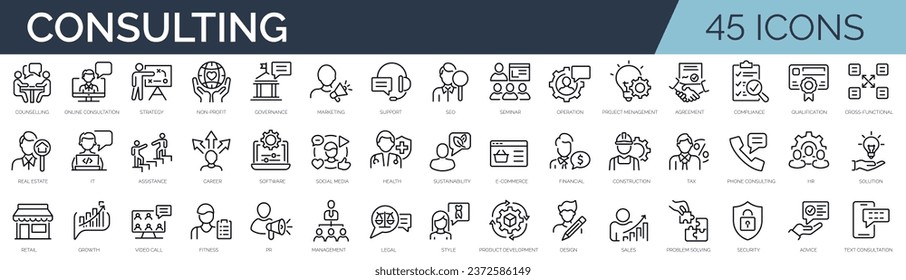 Set of 45 outline icons related to consulting. Linear icon collection. Editable stroke. Vector illustration