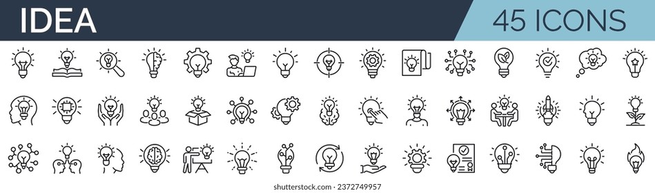 Set of 45 outline icons related to idea. Linear icon collection. Editable stroke. Vector illustration