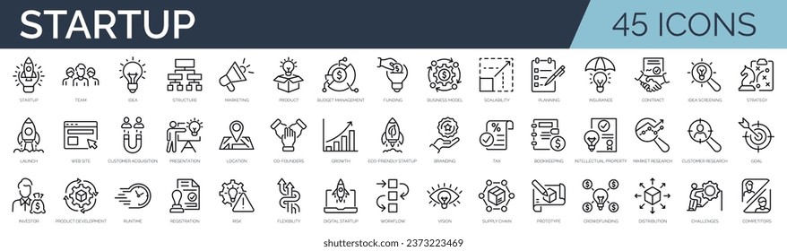 Set of 45 outline icons related to startup. Linear icon collection. Editable stroke. Vector illustration