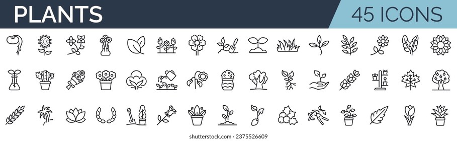 Set of 45 outline icons related to plants, floral,. Linear icon collection. Editable stroke. Vector illustration