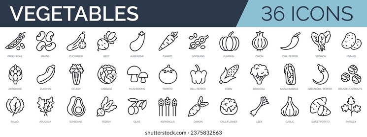 Conjunto de 45 iconos de contorno relacionados con las verduras. Colección de iconos lineales. Trazo editable. Ilustración del vector