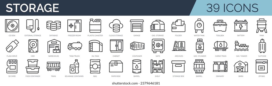 Satz von 45 Rahmensymbols, die sich auf den Speicher beziehen. Lineare Symbolsammlung. Bearbeitbarer Strich. Vektorgrafik