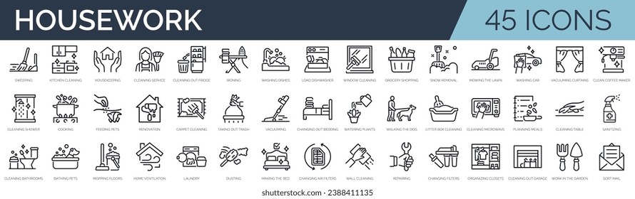 Conjunto de 45 iconos de esquema relacionados con las tareas domésticas, limpieza. Colección de iconos lineales. Trazo editable. Ilustración del vector