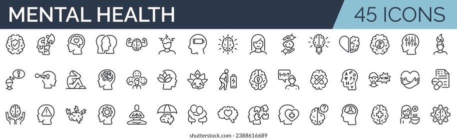 Set of 45 outline icons related to mental health. Linear icon collection. Editable stroke. Vector illustration