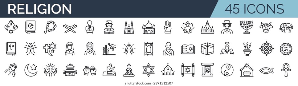 Set von 45 Skizzen, die sich auf Religion beziehen. Lineare Symbolsammlung. Bearbeitbarer Strich. Vektorgrafik