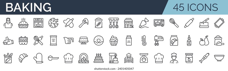 Set of 45 outline icons related to baking. Linear icon collection. Editable stroke. Vector illustration