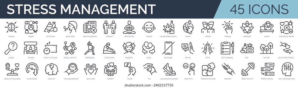 Set of 45 outline icons related to stress management. Linear icon collection. Editable stroke. Vector illustration