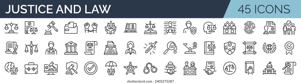 Set of 45 outline icons related to justice and law. Linear icon collection. Editable stroke. Vector illustration