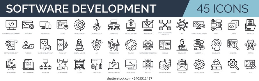 Set of 45 outline icons related to software development. Linear icon collection. Editable stroke. Vector illustration