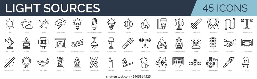 Set of 45 outline icons related to light sources. Linear icon collection. Editable stroke. Vector illustration