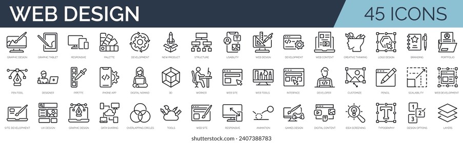 Conjunto de 45 iconos de contorno relacionados con el diseño web. Colección de iconos lineales. Trazo editable. Ilustración del vector