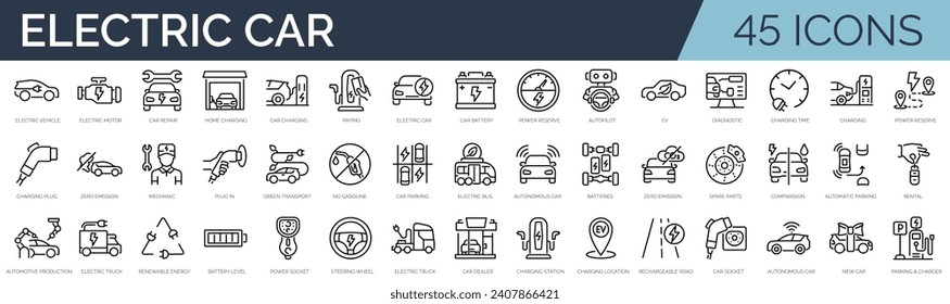 Set of 45 outline icons related to electric car. Linear icon collection. Editable stroke. Vector illustration