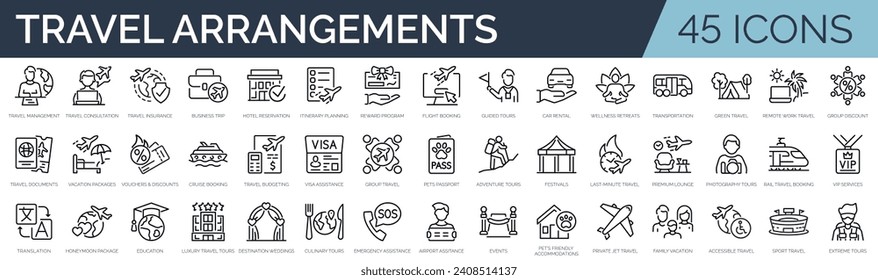 Set of 45 outline icons related to travel arrangement. Linear icon collection. Editable stroke. Vector illustration