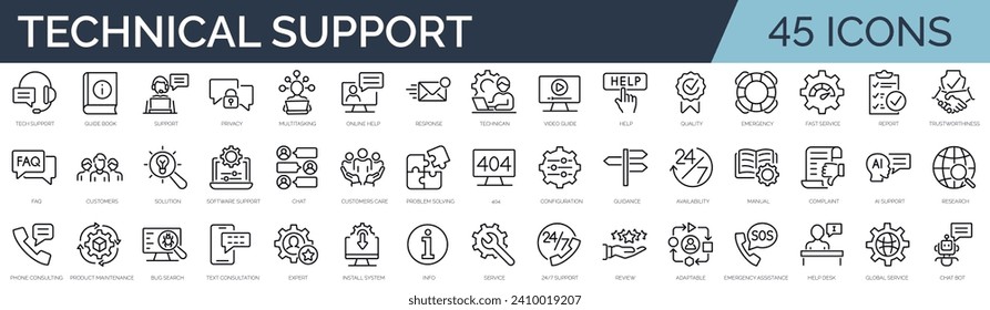 Set of 45 outline icons related to technical support. Linear icon collection. Editable stroke. Vector illustration