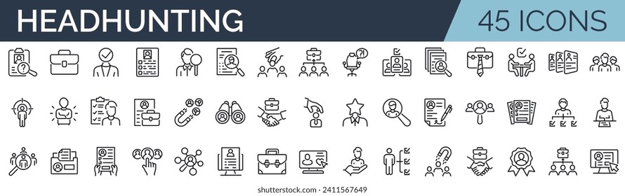 Conjunto de 45 iconos de esquema relacionados con la contratación, el empleo. Colección de iconos lineales. Trazo editable. Ilustración del vector