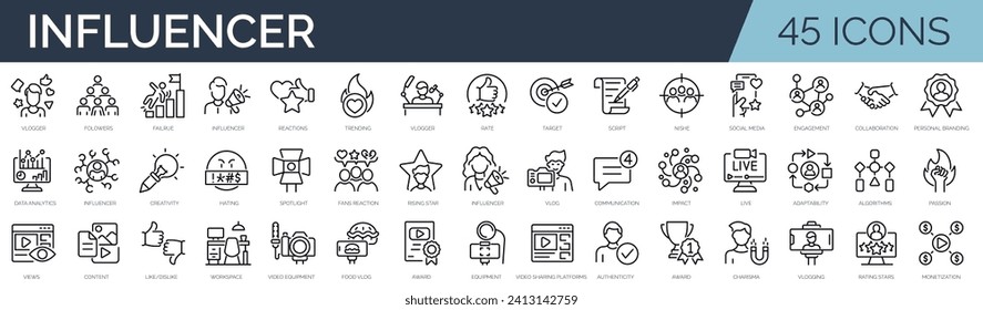 Set of 45 outline icons related to influencer. Linear icon collection. Editable stroke. Vector illustration