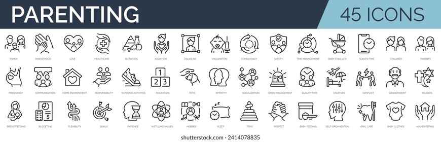 Set of 45 outline icons related to parenting. Linear icon collection. Editable stroke. Vector illustration