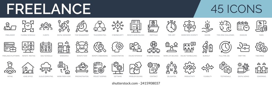 Set of 45 outline icons related to freelance. Linear icon collection. Editable stroke. Vector illustration