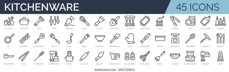 Set of 45 outline icons related to kitchenware. Linear icon collection. Editable stroke. Vector illustration