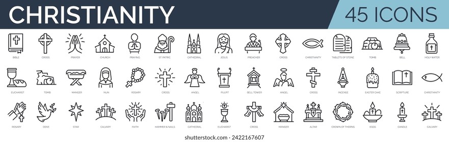 Set of 45 outline icons related to christianity. Linear icon collection. Editable stroke. Vector illustration