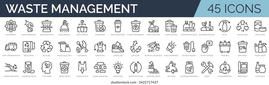 Set of 45 outline icons related to waste management. Linear icon collection. Editable stroke. Vector illustration