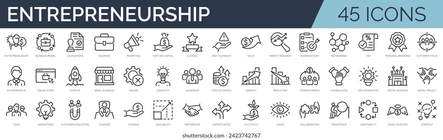 Set of 45 outline icons related to entrepreneurship. Linear icon collection. Editable stroke. Vector illustration